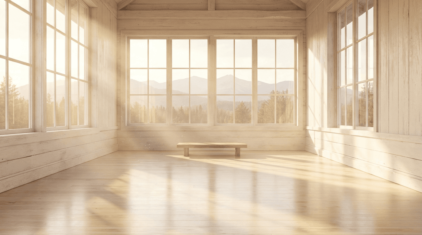 Minimalist whitewashed wooden room with golden sunlight rays streaming through large windows, creating serene meditation sanctuary atmosphere.